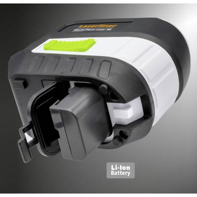 Lasergerät mit abnehmbarer Li-Ionen-Batterie. Geräteoberfläche zeigt Marke 'Laserliner', Modell 'MasterCross-Laser 2G'.