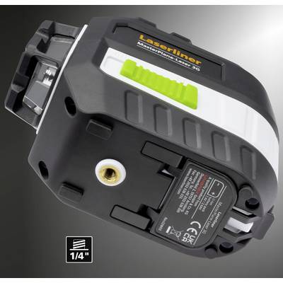 Laser-Wasserwaage mit grünem Laser, zeigt Neigung und Winkel. Rückansicht zeigt Steckdose und Zertifizierungsaufkleber.