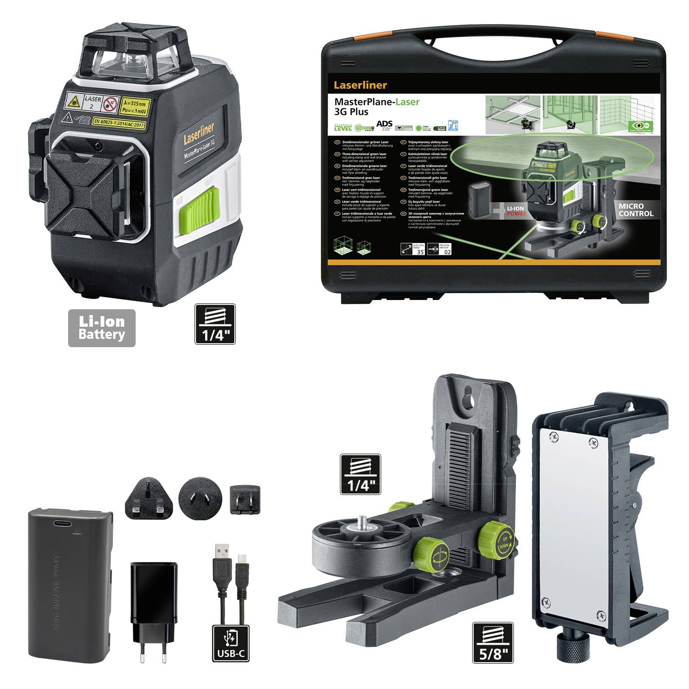 'Laserliner MasterPlane-Laser 3G Plus' im Hartschalenkoffer mit Zubehör: Li-Ion-Akku, Ladegerät, USB-C-Kabel, Adapter und Halterung.