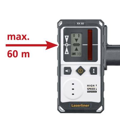 Handempfänger von Laserliner für den Empfang von Lasersignalen, maximale Reichweite 60 Meter, mit Anzeige- und Tastenfunktionen.