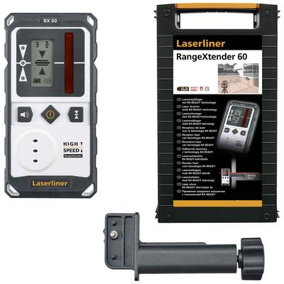 'Laserliner RangeXtender 60' Empfänger mit Halterung und Verpackung. Der Empfänger hat ein digitales Display und Bedienelemente. Verpackung zeigt Produktbeschreibung und technische Details.