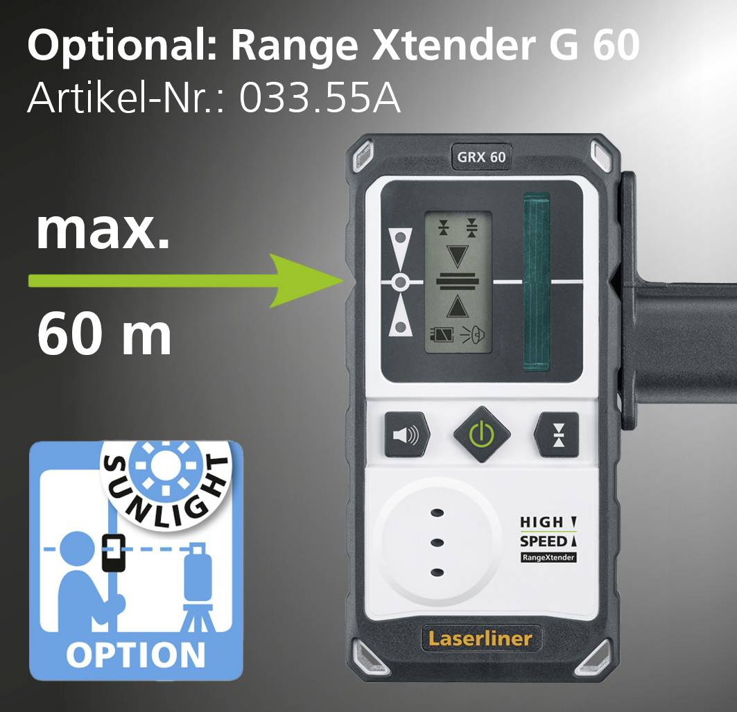 Optionales Zubehör: Range Xtender G 60 mit Artikelnummer 033.55A. Maximale Reichweite 60 m. Sunlight-Option für bessere Lesbarkeit bei Sonnenlicht.