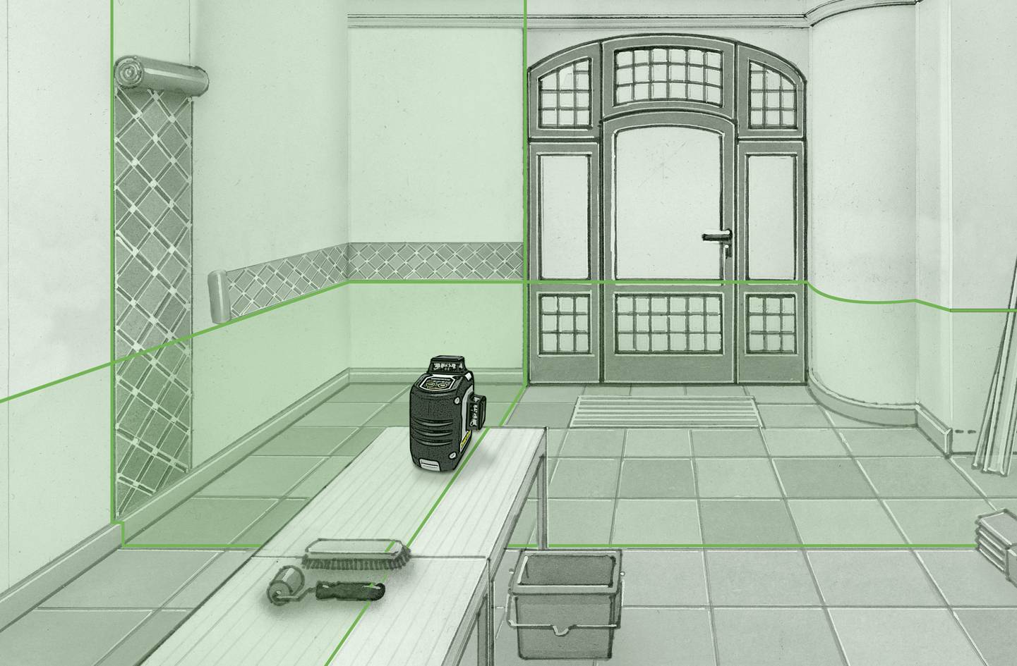 Der Raum zeigt ein Wohnzimmer in Renovierung, mit Tapetenrolle an der Wand, Werkzeugen auf einem Tisch und einer Tür mit verglasten Paneelen.