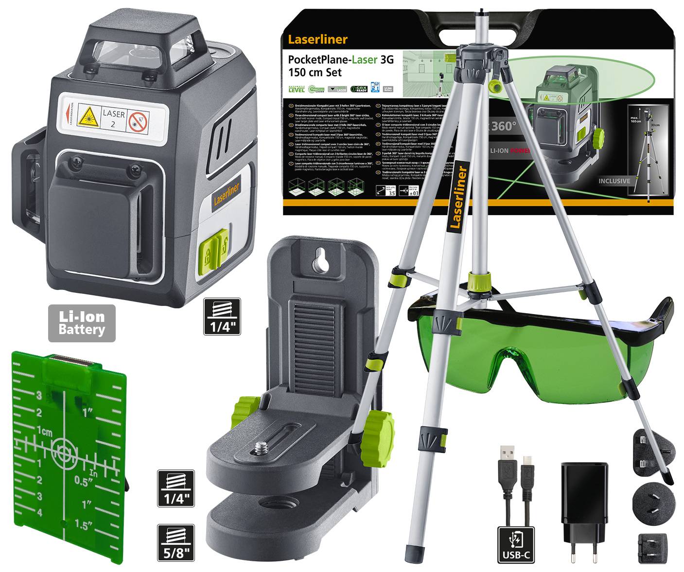 'Laserliner PocketPlane-Laser 3G Set' mit Stativ, Lasergerät, grünem Brillenschutz, USB-C-Kabel, Ladegerät und Zubehör auf weißem Hintergrund.