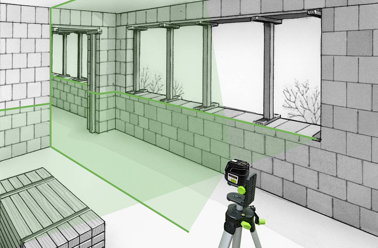 Ein Laser-Nivelliergerät richtet einen grünen Laserstrahl in einem unfertigen Raum aus Betonblöcken aus. Fenster im Hintergrund zeigen kahle Bäume.