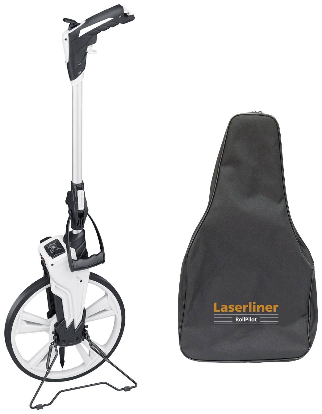 Laserliner Messrad mit digitalem Display, neben schwarzer Tragetasche, markiert mit 'Laserliner RollPilot'.