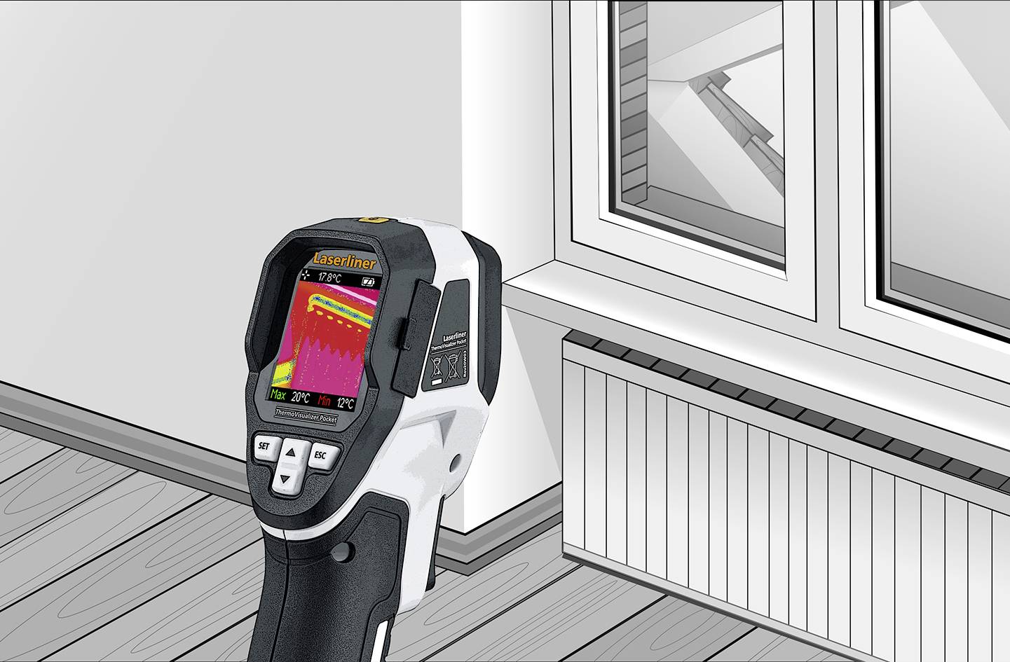 Ein Thermometer zeigt 19,7 Grad Celsius an, während es auf eine Wand nah an einem Fenster gerichtet ist, möglicherweise zur Temperaturmessung.