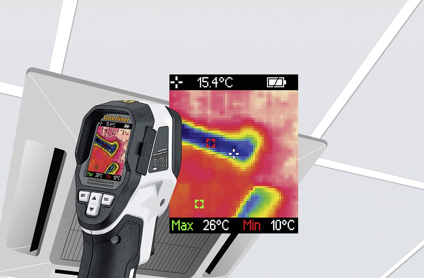Ein Infrarot-Thermometer zeigt einen Bildschirm mit Temperaturunterschieden, maximale Temperatur 26°C, minimale 10°C.