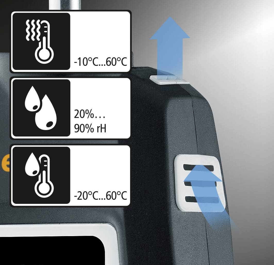 'Anzeige mit drei Symbolen: Temperaturbereich -10°C bis 60°C, Feuchtigkeit 20% bis 90% relative Luftfeuchtigkeit, Temperaturbereich -20°C bis 60°C.' 