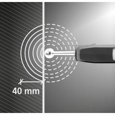 Ein Stab wird durch ein 40 mm dickes Materialstück mit kreisförmigen Linien hindurchgeführt. Darstellt Messung oder Sensorfunktion.