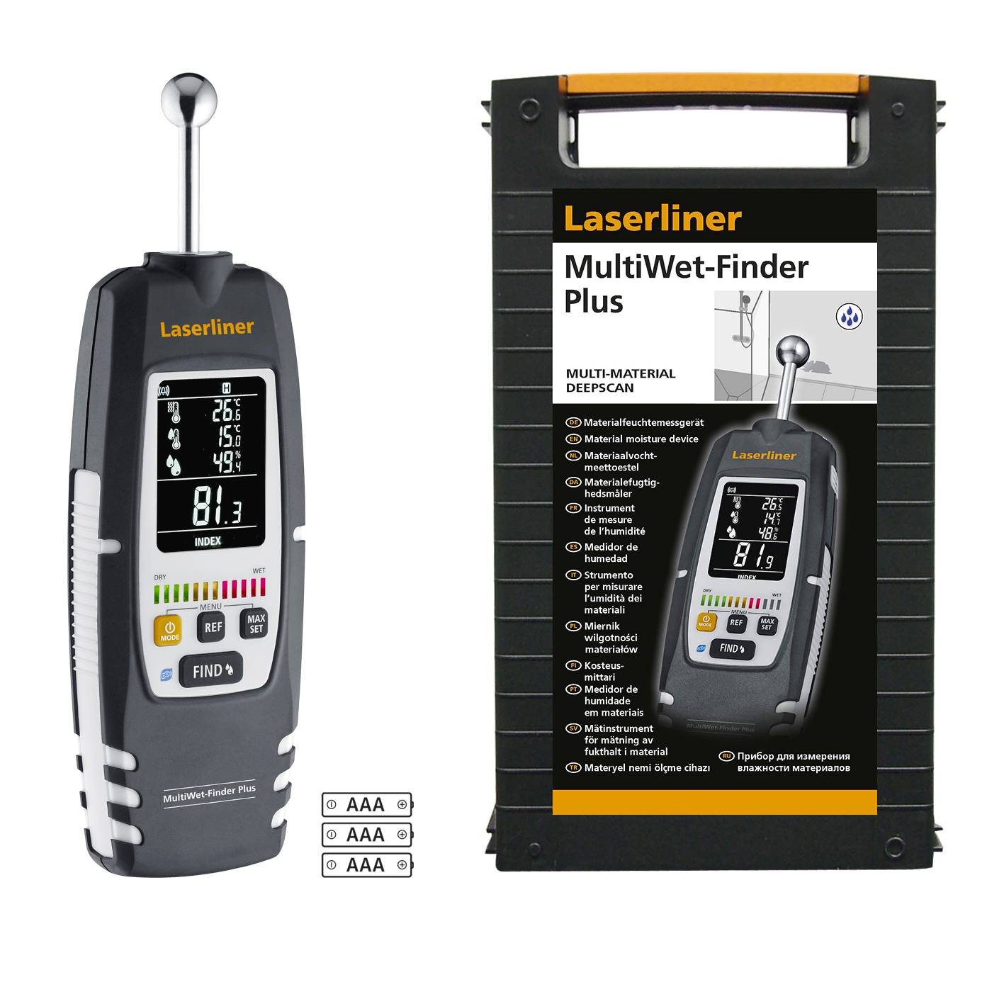 Laserliner MultiWet-Finder Plus: Gerät zur Feuchtigkeitsmessung mit LCD-Anzeige neben Aufbewahrungsbox. Batterien sind enthalten.