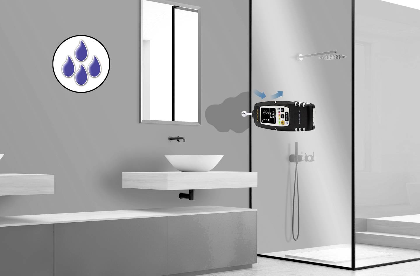 Modernes Badezimmer mit weißem Waschbecken, Dusche und Gerät an der Wand, das den Wasserdruck misst. Symbol mit blauen Tropfen links.