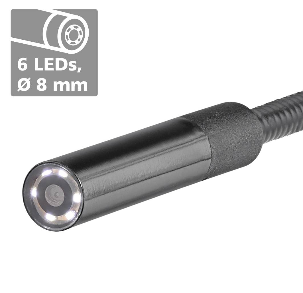 Kleine zylindrische Kamera mit sechsstufiger LED-Beleuchtung und einem Durchmesser von 8 mm. Gezeigt mit Kabel im Hintergrund.