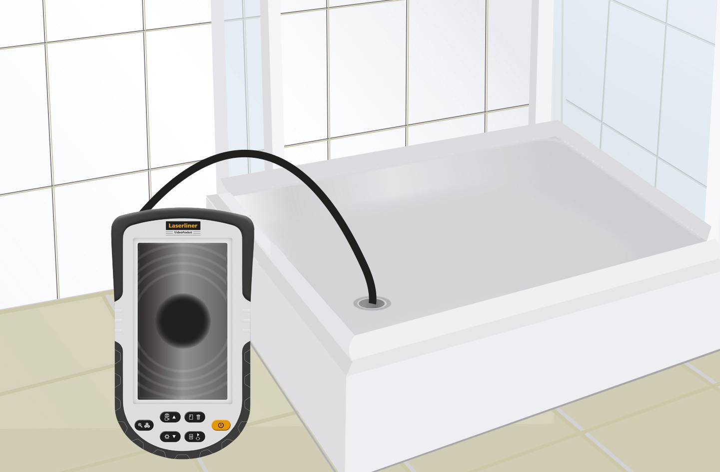 Ein Endoskopkamera-Gerät wird verwendet, um den Inneren eines Abflusses in einer Badewanne zu inspizieren.