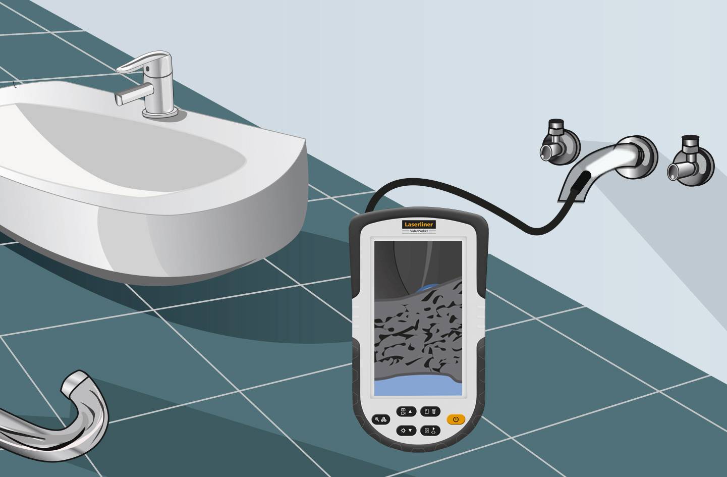 Ein Sanitärfachwerkzeug, das ein Rohr inspiziert. Der Monitor zeigt Verstopfung im Rohr. Neben einem Waschbecken mit Wasserhahn installiert.