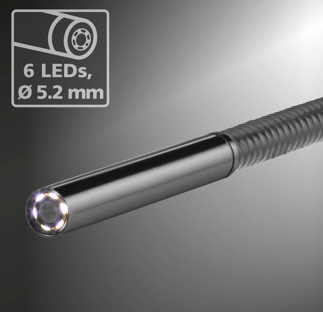 Endoskop mit 6 LEDs, Durchmesser 5,2 mm. Spezielles Design für präzise Inspektionen, ideal für schwer zugängliche Bereiche.
