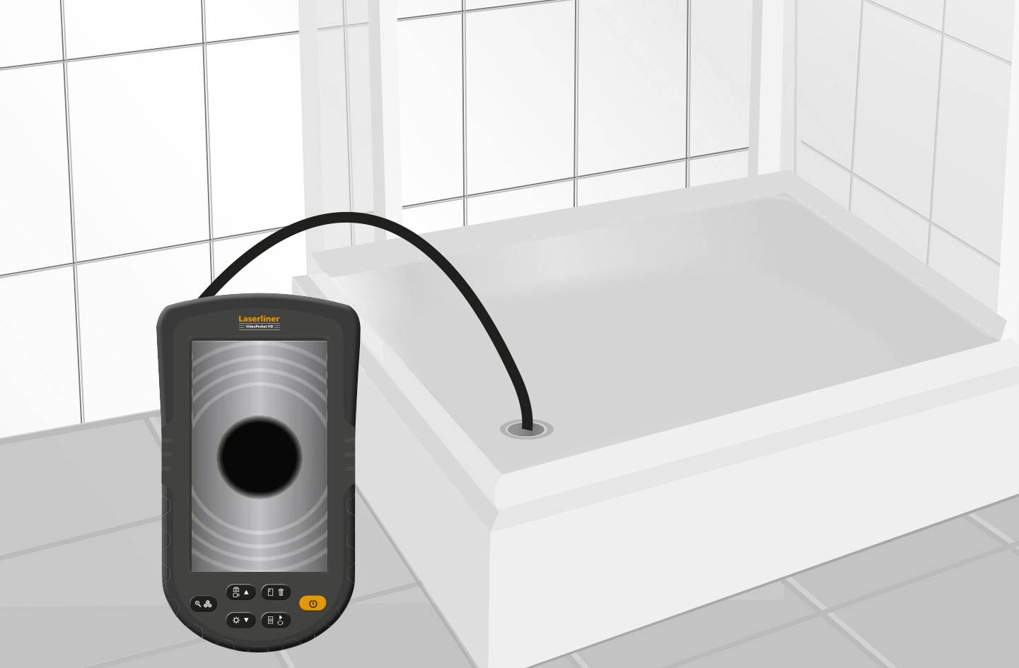 In der Grafik wird ein Inspektionsgerät mit Kameraschlauch dargestellt, das zur Untersuchung eines Abflusses in einer Dusche verwendet wird.