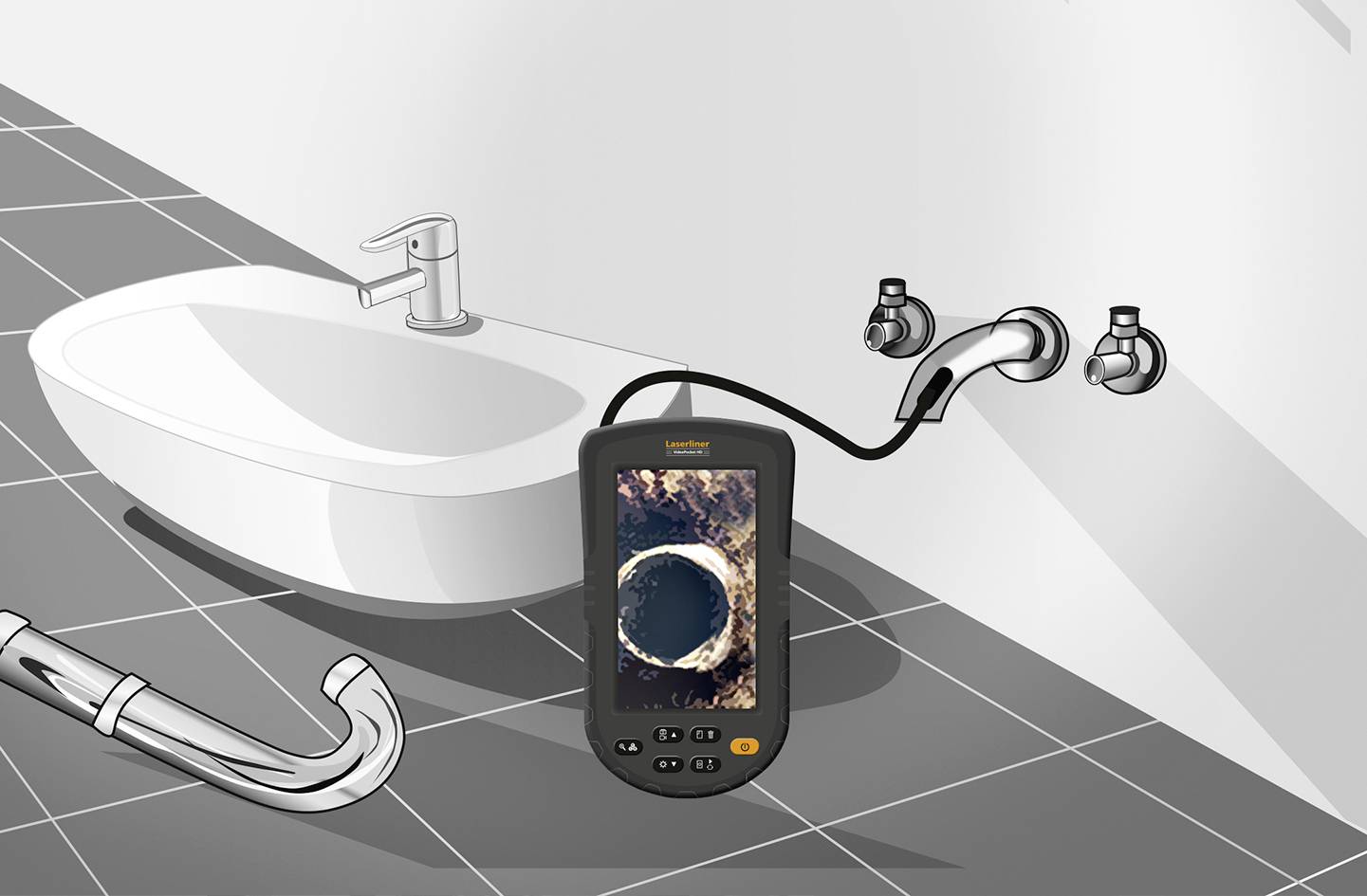 Ein Endoskop zeigt ein Rohr im Badezimmer, verbunden mit Wasserhähnen über der Spüle, um Verstopfungen zu kontrollieren.