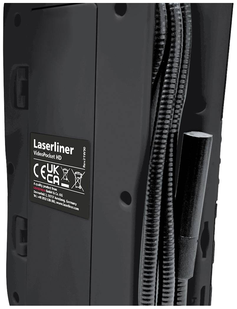 Auf der Abbildung ist das Laserliner VideoPocket HD Gerät zu sehen, mit Zertifizierungskennzeichen und technischen Kabelverbindungen rechts.