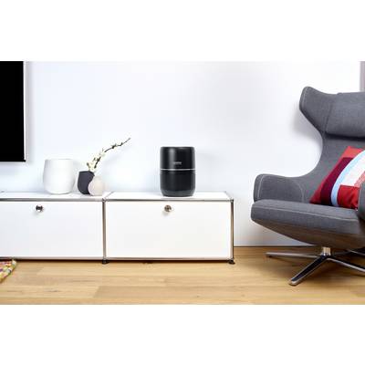 Ein moderner Wohnraum mit einem schwarzen Lautsprecher auf einem weißen Sideboard. Daneben stehen Vasen mit einer Orchidee. Rechts ein grauer Sessel mit buntem Kissen.