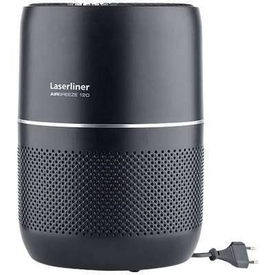 Luftreiniger mit der Aufschrift 'Laserliner AIRBREEZE 120', zylindrische Form, schwarzes Design, Netzstecker links unten sichtbar.