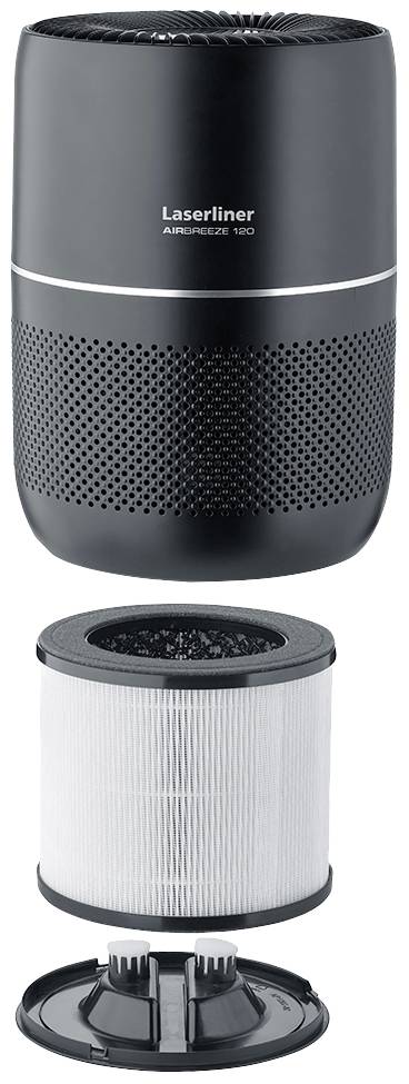 Schwarzer Luftreiniger 'Laserliner AirBreeze 180' mit herausgenommenem, zylindrischem Filter darunter. Moderne, kompakte Bauweise.