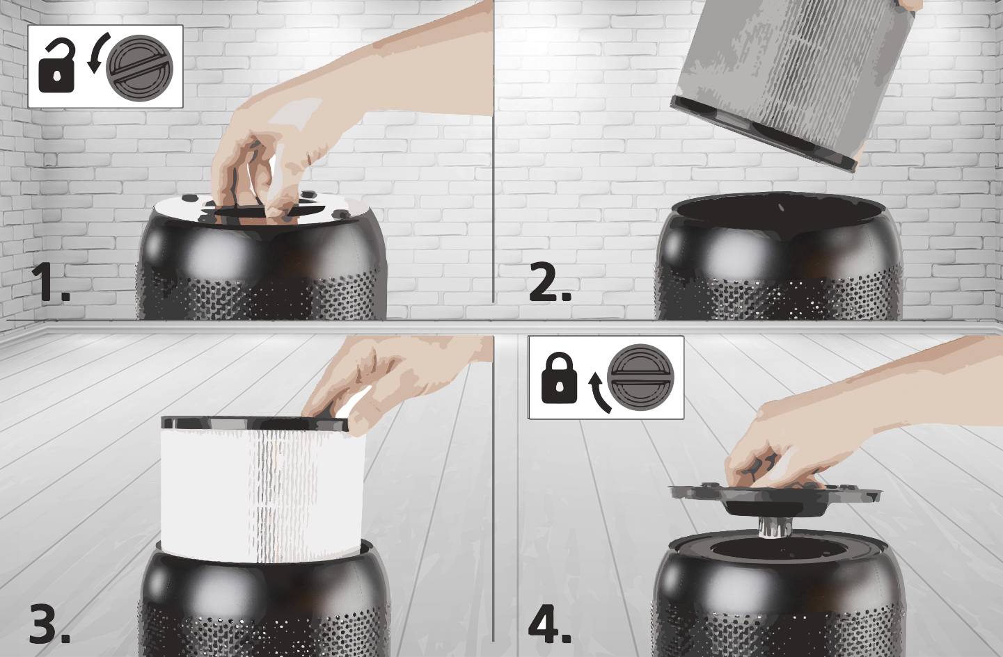 'Anleitung zur Filterinstallation: 1. Abdeckung abnehmen. 2. Alten Filter herausnehmen. 3. Neuen Filter einsetzen. 4. Abdeckung schließen.'