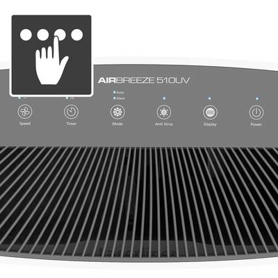 'Luftreiniger-Display mit Symbolen für Geschwindigkeit, Timer, Modus, Anti-Virus, Display und Strom. Finger-Touch-Symbol oben links.'