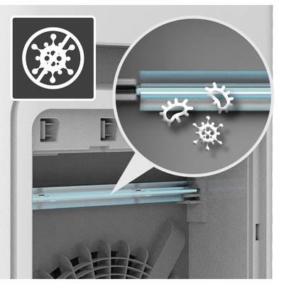 Detailansicht einer keimabtötenden UV-Lampe in einem Luftreiniger. Nahaufnahme zeigt das UV-Licht und Keime. Symbol oben links.