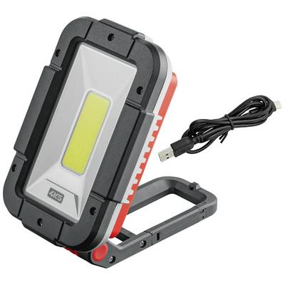 Tragbare Arbeitsleuchte mit wiederaufladbarem Akku und USB-Kabel. Rechteckiges Design mit robuster Halterung und leuchtstarker LED-Leiste.