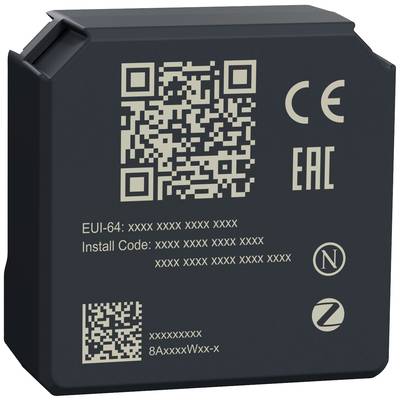Schwarzes batterieförmiges Gerät mit QR-Codes und CE- sowie EAC-Zertifizierungen. Enthält Seriennummer und Codes zur Installation.