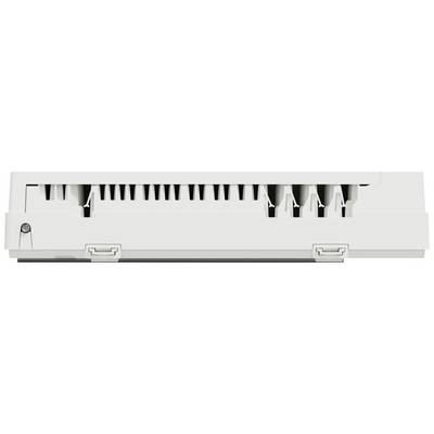 Ein weißes elektronisches Gerät mit Lüftungsschlitzen und zwei Montageelementen an den Seiten, möglicherweise ein Router oder Switch.