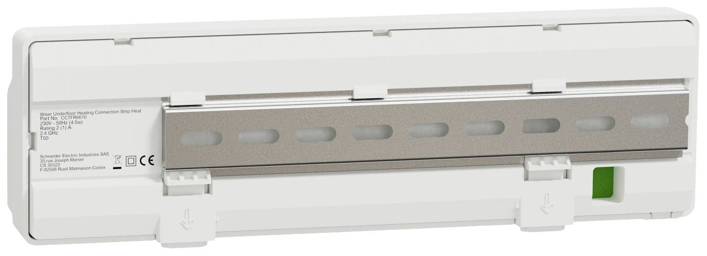 Ein weißer elektronischer Heizkörperthermostat mit einer digitalen Anzeige und einem grünen Bedienteil auf der rechten Seite.