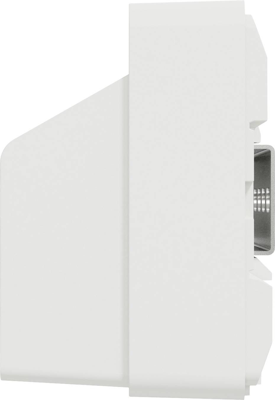 Weißes elektronisches Gerät, rechteckige Form, seitliche Ansicht.