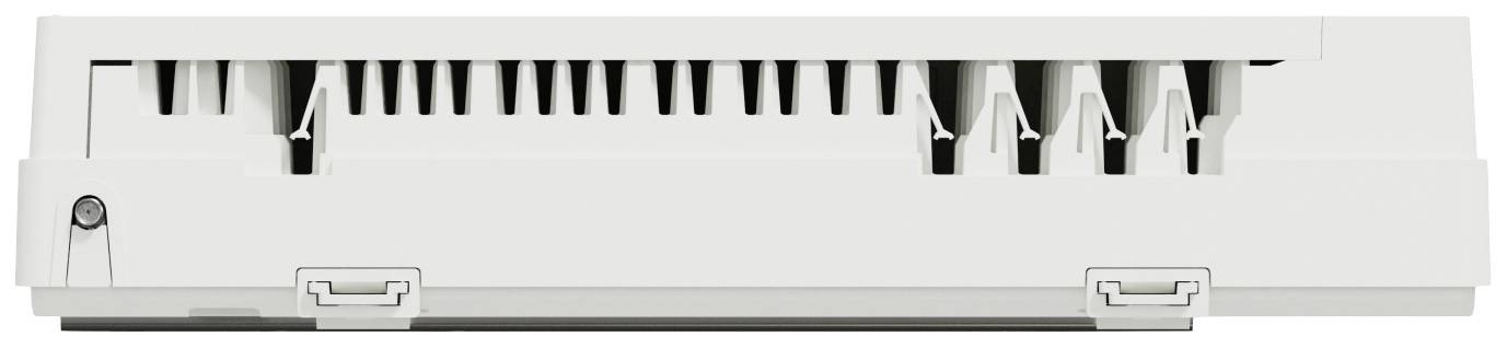 Eine weiße, rechteckige elektronische Komponente mit Lüftungsschlitzen und Steckverbindungen an der Unterseite.