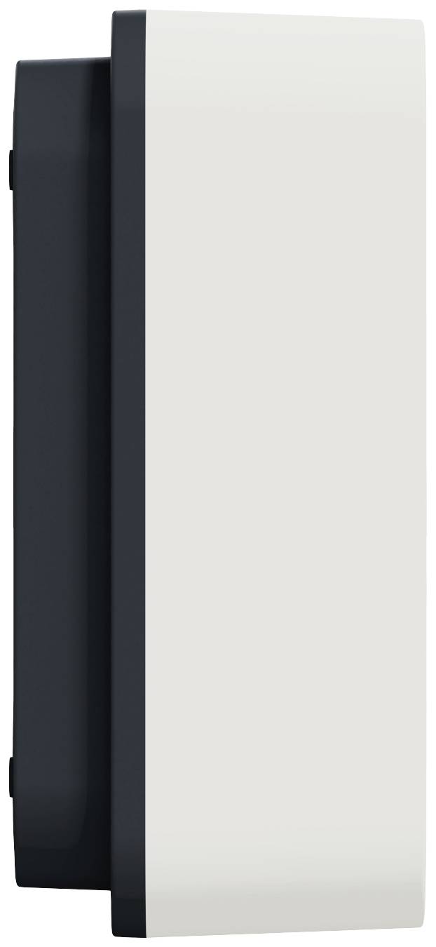 Weiße, rechteckige Leuchte mit schwarzem Gehäuse, an der Wand montiert. Modernes Design für Innen- oder Außenbereiche.