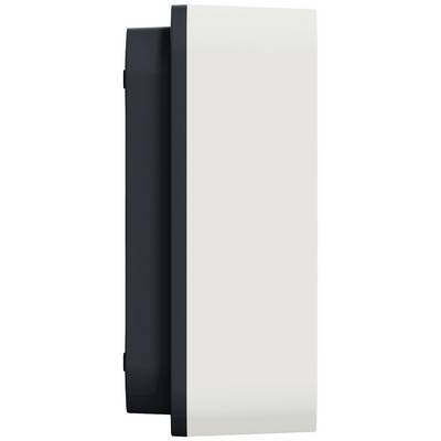 Weiße, rechteckige Leuchte mit schwarzem Gehäuse, an der Wand montiert. Modernes Design für Innen- oder Außenbereiche.