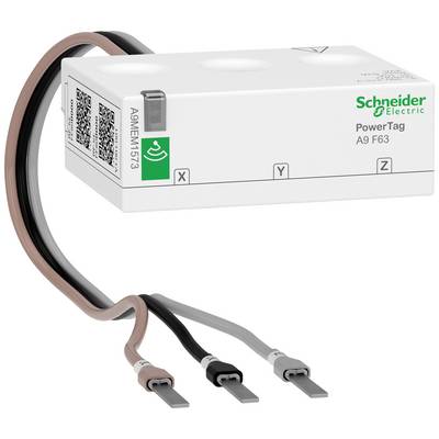'Schneider Electric PowerTag A9 F63 Sensor mit drei farbigen Kabeln. Wird zur drahtlosen Energieüberwachung genutzt.'