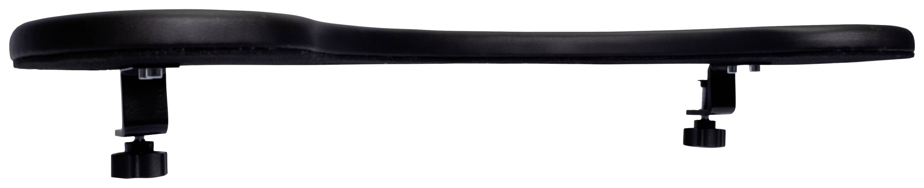 Seitenansicht einer schwarzen Armlehne mit verstellbaren Halterungen an beiden Enden, vermutlich für einen Bürostuhl oder Sessel.