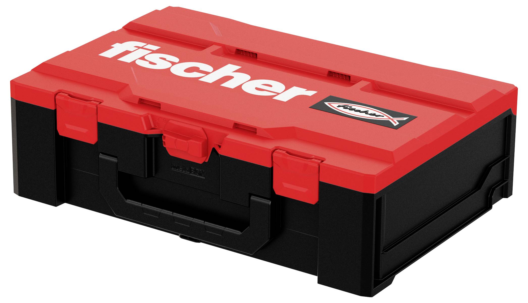 Ein roter Werkzeugkoffer mit der Aufschrift 'fischer' auf dem Deckel. Der Koffer hat schwarze Griffe und Verschlüsse.