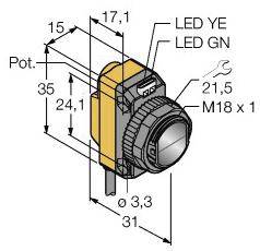 Sensor-Abbildung mit Maßen in mm: 17,1 x 35 x 31. Beschriftungen: 'LED YE', 'LED GN', 'M18 x 1', Potentiometer ('Pot.') und Schraubenschlüssel-Symbol.