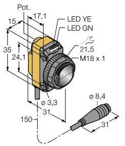Illustration eines Sensors mit Abmessungen und Anschlüssen. Zeigt M18 x 1-Gewinde und LED-Anzeigen 'YE' und 'GN'.