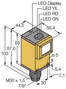 Diagramm eines Sensors mit den Maßen 69 mm x 87,6 mm. LED-Anzeigen für YE, RD, GN, und Gesamtmaße sind angegeben.