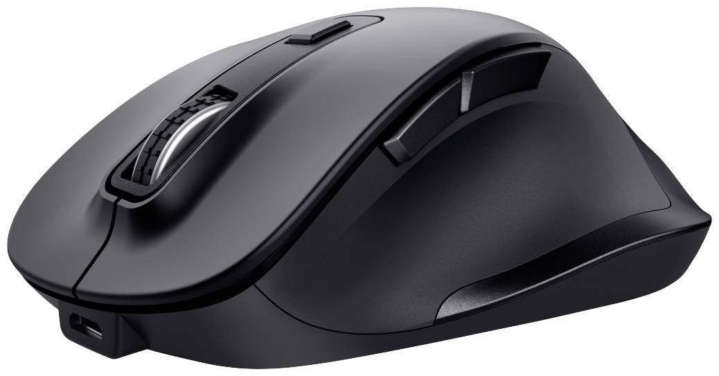 Eine schwarze, kabellose Computermaus mit ergonomischem Design und zwei Seitentasten auf einer ebenen Oberfläche.