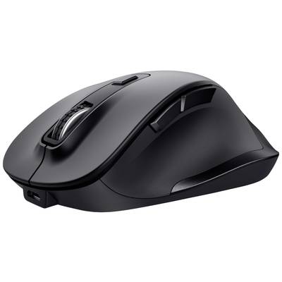 Eine schwarze, kabellose Computermaus mit ergonomischem Design und zwei Seitentasten auf einer ebenen Oberfläche.