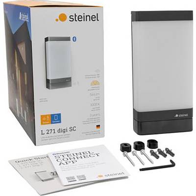 Steinel Außenleuchte, Modell L 271 digi SC, Verpackung und Zubehör abgebildet. Inkl. Halterungen, Schrauben und Anleitung.
