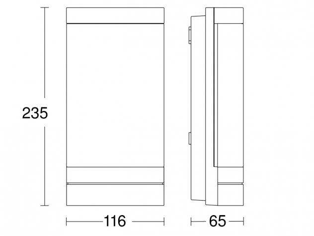 Abbildung zeigt zwei Ansichten eines rechteckigen Geräts mit Maßen: Höhe 235 mm, Breite 116 mm, Tiefe 65 mm.