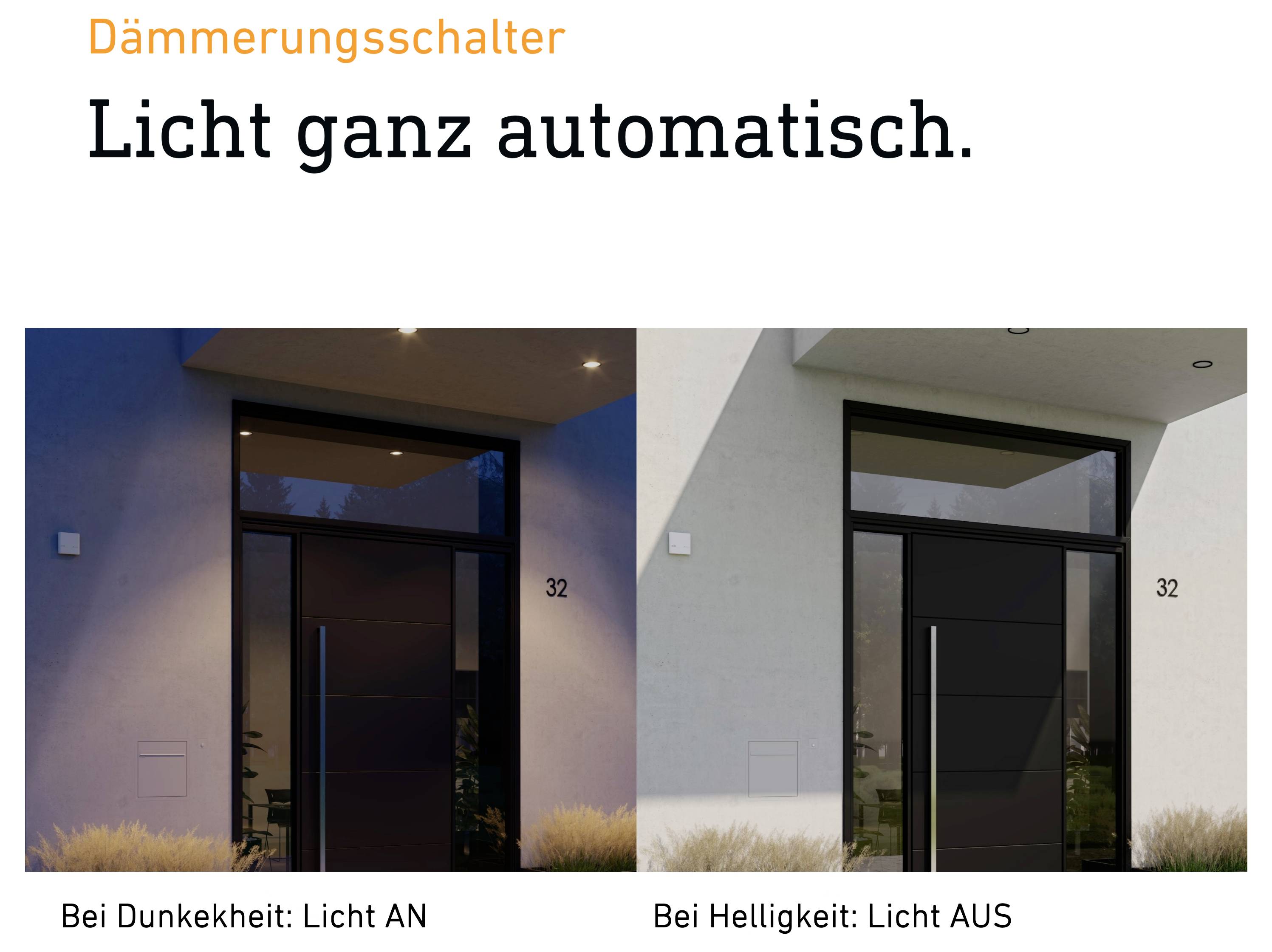Werbegrafik zum Dämmerungsschalter mit dem Text 'Licht ganz automatisch.' und zwei Haustür-Fotos: links bei Dunkelheit Licht AN, rechts bei Helligkeit Licht AUS.
