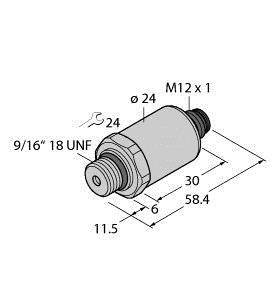 Technische Zeichnung eines zylindrischen Objekts mit Gewinden an beiden Enden. Maße: 58.4 mm Länge, 24 mm Durchmesser. Gewinde: M12 x 1, 9/16" 18 UNF.