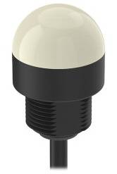 'Ein runder, weißer Sensor mit schwarzem Gewinde und Kabel unten. Der Sensor ist für detektionsbasierte Anwendungen konstruiert.'